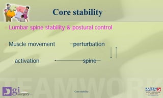  Lumbar spine stability & postural control
 Muscle movement perturbation
activation spine
Core stability
Core stability
 