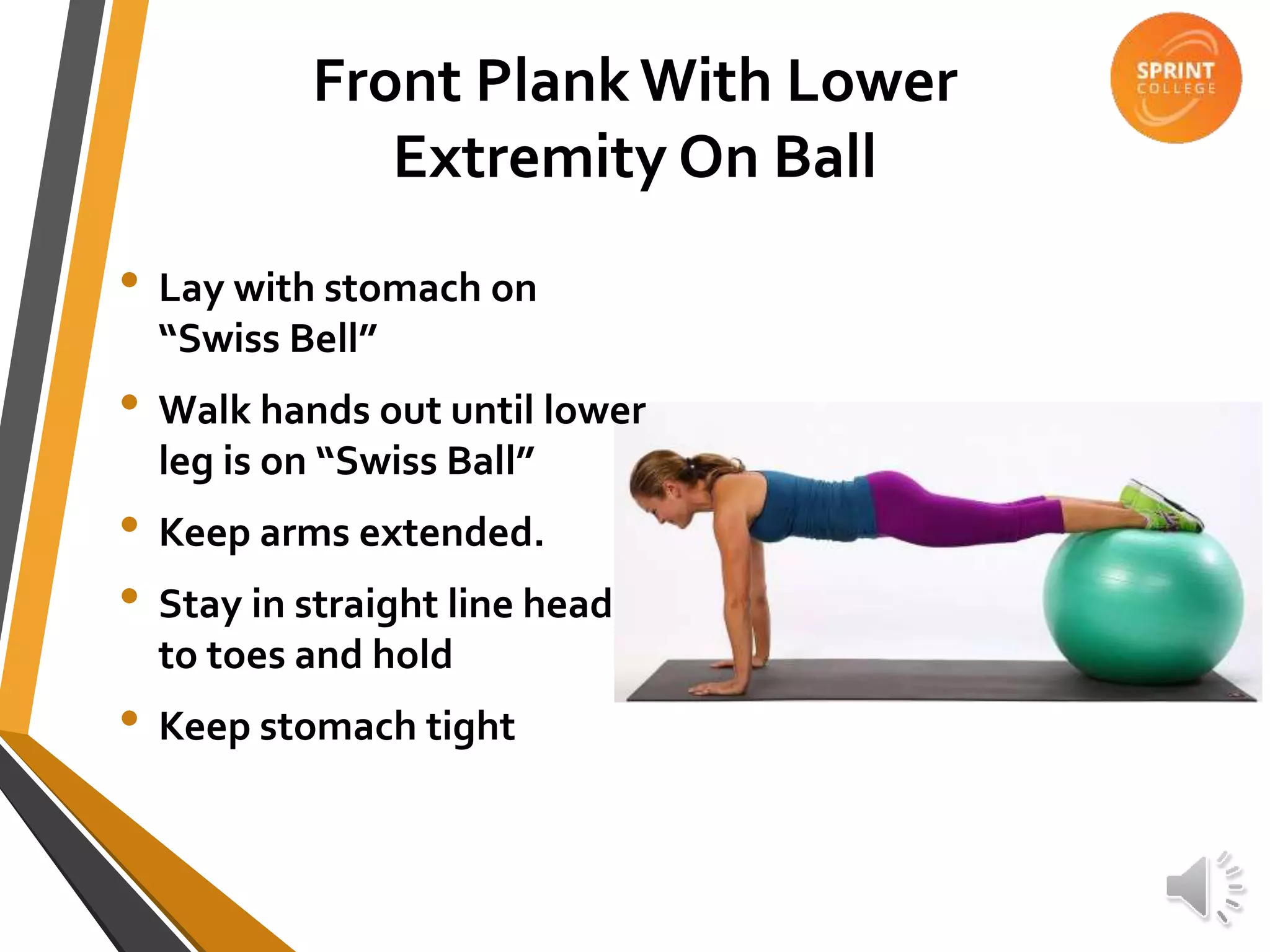 Front Plank With Lower
Extremity On Ball
• Lay with stomach on
“Swiss Bell”
• Walk hands out until lower
leg is on “Swiss Ball”
• Keep arms extended.
• Stay in straight line head
to toes and hold
• Keep stomach tight
 