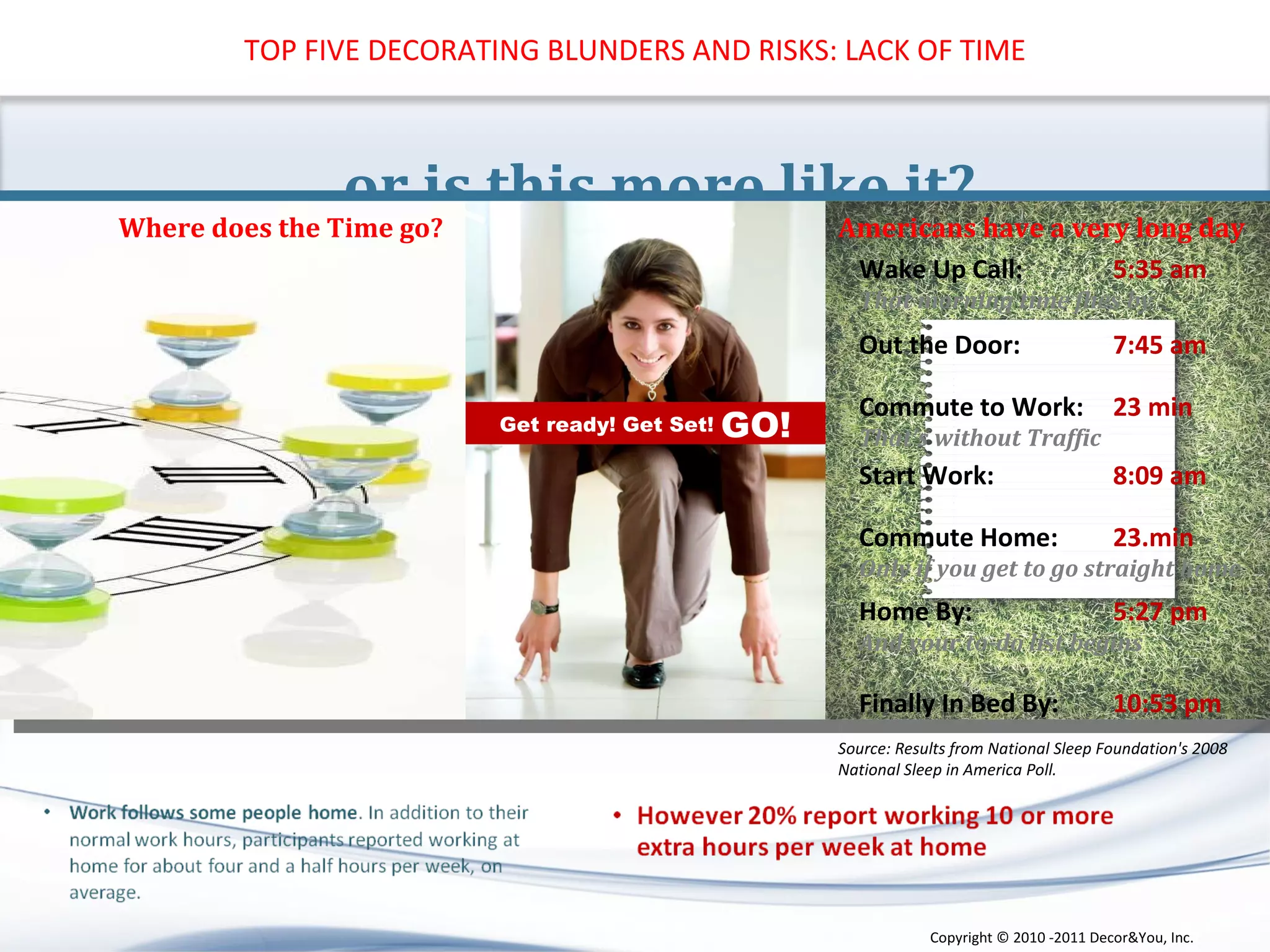 … or is this more like it? Where does the Time go? Get ready! Get Set!  GO! Source: Results from National Sleep Foundation's 2008 National Sleep in America Poll.  Americans have a very long day Wake Up Call: 5:35 am That morning time flies by Out the Door: 7:45 am Commute to Work:  23 min That’s without Traffic  Start Work:  8:09 am  Commute Home: 23.min Only if you get to go straight home Home By: 5:27 pm And your to-do list begins Finally In Bed By: 10:53 pm TOP FIVE DECORATING BLUNDERS AND RISKS: LACK OF TIME Copyright ©   2010 -2011 Decor&You, Inc. 
