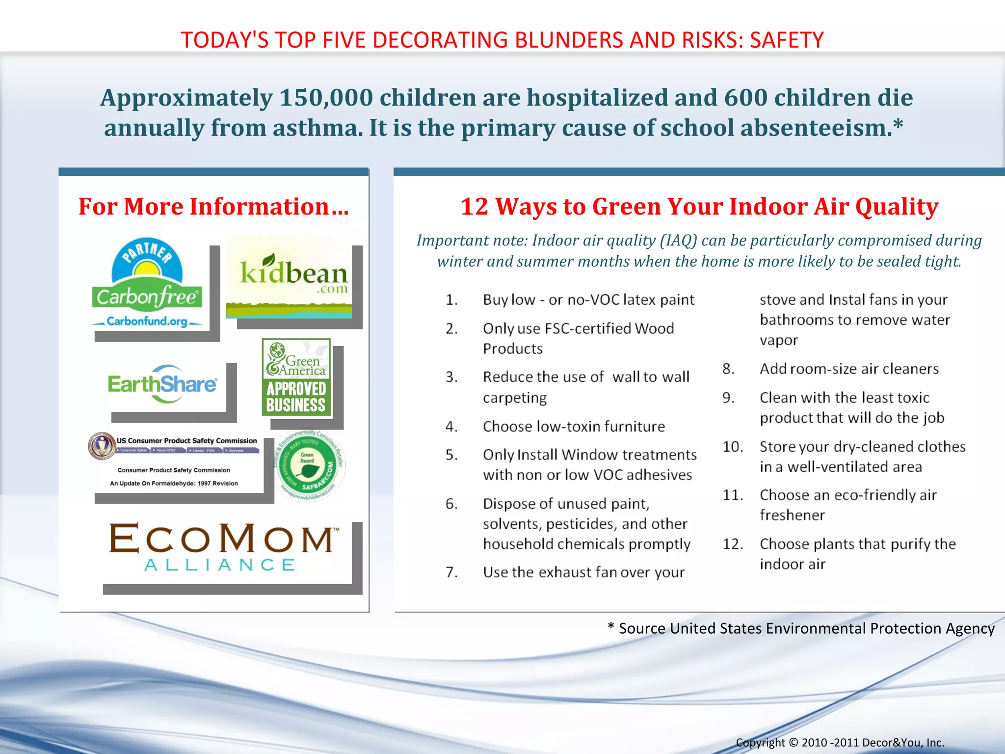 Approximately 150,000 children are hospitalized and 600 children die annually from asthma. It is the primary cause of school absenteeism.*  12 Ways to Green Your Indoor Air Quality Important note: Indoor air quality (IAQ) can be particularly compromised during winter and summer months when the home is more likely to be sealed tight. * Source United States Environmental Protection Agency For More Information… TODAY'S TOP FIVE DECORATING BLUNDERS AND RISKS: SAFETY Copyright ©   2010 -2011 Decor&You, Inc. 