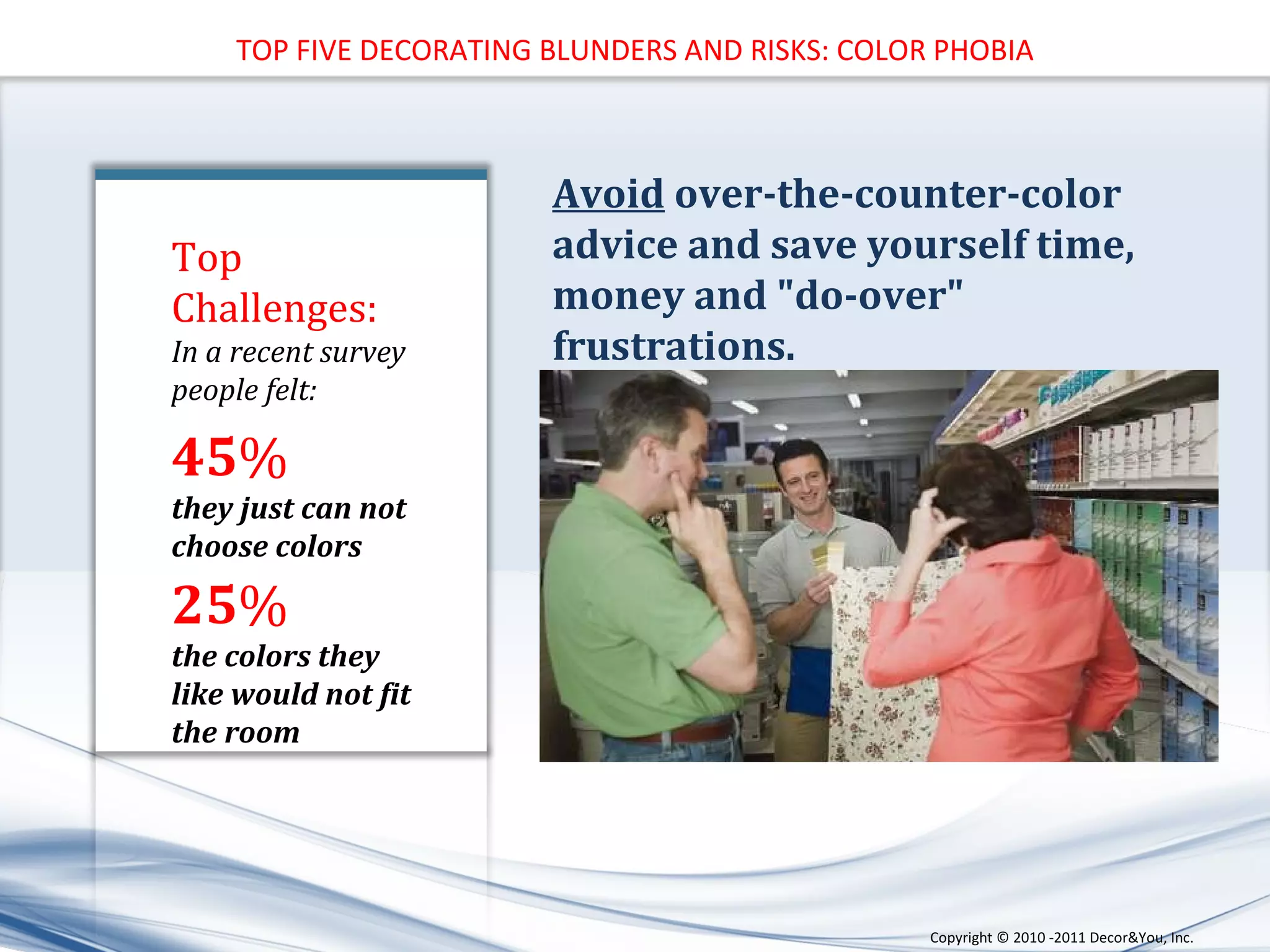 45 % they just can not choose colors  25 % the colors they like would not fit the room Avoid  over-the-counter-color advice and save yourself time, money and "do-over" frustrations. Top  Challenges: In a recent survey people felt:  TOP FIVE DECORATING BLUNDERS AND RISKS: COLOR PHOBIA Copyright ©   2010 -2011 Decor&You, Inc. 