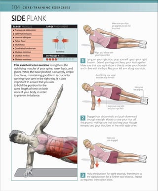 104 C O R E -T R A I N I N G E X E R C I S E S
TARGET MUSCLES TARGET MOVEMENT
DIFFICULTY LEVEL
 ▪ Transverse abdominis
 ▪ External obliques
 ▪ Internal obliques
 ▪ Pelvic ﬂoor
 ▪ Multiﬁdus
 ▪ Quadratus lumborum
 ▪ Gluteus minimus
 ▪ Gluteus medius
 ▪ Gluteus maximus
Isometric
Lying on your right side, prop yourself up on your right
forearm. Extend your legs and keep your feet together.
Make sure that your right elbow is directly under your shoulder
and in line with the hips. Rest your left arm along your side.
Engage your abdominals and push downward
through the right elbow to raise your hips off
the ground, making sure that you keep your ribcage
elevated and your shoulders in line with each other.
This excellent core exercise strengthens the
stabilizing muscles of your spine, lower back, and
glutes. While the basic position is relatively simple
to achieve, maintaining good form is crucial to
working your core in the right way. It is also
important to ensure that you aim
to hold the position for the
same length of time on both
sides of your body, in order
to prevent imbalance.
Keep your
feet aligned
Avoid letting your upper
shoulder drop forward
Make sure your hips
are aligned and do not
drop back
Keep your
core engaged
Align your elbow with
your hips and feet
SIDE PLANK
Hold the position for eight seconds, then return to
the start position for a further two seconds. Repeat
as required, then switch sides.
Keep your core tight
and your hips lifted
 