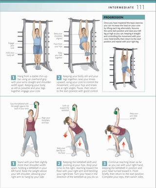 111I N T E R M E D I A T E
Once you have mastered the basic exercise,
you can increase the load on your core
by lifting each leg alternately. Assume
the same start position and raise your left
leg as high as you can, keeping it straight
and controlling the movement with your
core. Hold brieﬂy, then return to the start
position and repeat with your right leg.
PROGRESSION
Engage
your
core
Hang from a stable chin-up
bar using an overhand grip
with your arms straight and shoulder-
width apart. Keeping your body
as still as possible and your legs
together, engage your core.
Keeping your body still and your
legs together, raise your knees
upward, using your core to control the
movement, until your hips and knees
are at right angles. Pause, then return
to the start position with good control.
Keep your
shoulders
aligned
Align your
shoulders
and hips
Stand with your feet slightly
more than shoulder-width
apart, holding a kettlebell in your
left hand. Raise the weight above
your left shoulder, allowing your
right arm to hang by your side.
Keep your
feet ﬂat on
the ﬂoor
Grip the kettlebell with
the weight against the
back of your wrist
Look up
toward the
kettlebell
Keeping the kettlebell aloft and
pivoting at your hips, drop your
torso to the right, reaching toward the
floor with your right arm and bending
your right knee. Turn your head in the
direction of the kettlebell as you do so.
Continue reaching down as far
as you can with your right hand,
keeping the kettlebell in position and
your head turned toward it. Hold
briefly, then return to the start position.
Complete your reps, then switch sides.
Keep your
arm held
upright
Hold your
body still
Keep
your feet
together
Pivot from
your hips
 