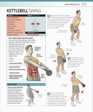 129I N T E R M E D I A T E
VARIATION
TARGET MUSCLES TARGET MOVEMENT
DIFFICULTY LEVEL
 ▪ Rectus abdominis
 ▪ Transverse abdominis
 ▪ Pelvic ﬂoor
 ▪ Hip ﬂexors
 ▪ Erector spinae
 ▪ Multiﬁdus
 ▪ Quadratus lumborum
 ▪ Gluteus minimus/medius
 ▪ Gluteus maximus
Isometric
KETTLEBELL SWING
This whole-body exercise works
the muscles of your glutes, lower back,
and hips. Allow the kettlebell to hang
loosely from your arms
and generate the force
of the movement from
your hips, rather than
trying to “muscle” the
weight up with your
upper body.
Keep the
kettlebell
centred
Once you have mastered
the basic exercise, you can
increase the weight of the
kettlebell or introduce a
further element of instability
by performing the movement
holding the weight with one
hand. Repeat the sequence as
per the main exercise, carry
out the desired number of
reps, then switch hands.
Allow the kettlebell
to swing up as far as
momentum carries it, and then
back down toward the hips.
As it approaches, drop your hips
and lean your torso forwards,
and keeping your back straight,
to return to the start position.
Keeping your arms
straight but relaxed,
drive forward with your
hips to stand tall, so that
the kettlebell swings
forward and up.
Stand with your feet shoulder-
width apart and grip the kettlebell
with both hands, allowing it to hang
loosely. Bend your knees and drop
your buttocks backward slightly,
leaning your torso forward
from the hip and keeping
your back straight.
Power the
movement
from your hips
Keep your
core engaged
Keep your
arms relaxed
Allow the
kettlebell
to drop
Engage
your core
Hold the kettlebell
with an overhand grip
Transverse
abdominis
(deep)
Rectus
abdominis
Pelvic
floor
(deep)
Gluteus minimus (deep)
Gluteus medius (deep)
Gluteus maximus
Deltoids
Triceps
Multifidus (hidden)
Erector spinae (hidden)
Quadratus lumborum (deep)
Hip flexors (deep)
 