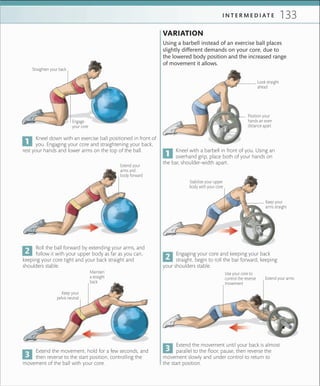 133I N T E R M E D I A T E
Kneel down with an exercise ball positioned in front of
you. Engaging your core and straightening your back,
rest your hands and lower arms on the top of the ball. Kneel with a barbell in front of you. Using an
overhand grip, place both of your hands on
the bar, shoulder-width apart.
Roll the ball forward by extending your arms, and
follow it with your upper body as far as you can,
keeping your core tight and your back straight and
shoulders stable.
Engaging your core and keeping your back
straight, begin to roll the bar forward, keeping
your shoulders stable.
Extend the movement, hold for a few seconds, and
then reverse to the start position, controlling the
movement of the ball with your core.
Extend the movement until your back is almost
parallel to the floor, pause, then reverse the
movement slowly and under control to return to
the start position.
Straighten your back
Stabilize your upper
body with your core
Extend your arms
Use your core to
control the reverse
movement
Keep your
pelvis neutral
Maintain
a straight
back
Extend your
arms and
body forward
Look straight
ahead
Keep your
arms straight
VARIATION
Using a barbell instead of an exercise ball places
slightly different demands on your core, due to
the lowered body position and the increased range
of movement it allows.
Engage
your core
Position your
hands an even
distance apart
 