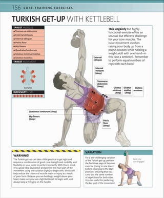 156 C O R E -T R A I N I N G E X E R C I S E S
TARGET MUSCLES
TARGET MOVEMENT
DIFFICULTY LEVEL
 ▪ Transverse abdominis
 ▪ External obliques
 ▪ Internal obliques
 ▪ Pelvic ﬂoor
 ▪ Hip ﬂexors
 ▪ Quadratus lumborum
 ▪ Gluteus minimus/medius
 ▪ Gluteus maximus
TURKISH GET-UP WITH KETTLEBELL
Keep your
core engaged
For a less-challenging variation
of the Turkish get-up, perform
the ﬁrst three steps of the main
exercise (rising to one knee)
before returning to the start
position, ensuring that you
carry out the same number
of repetitions for both sides.
It is also useful for perfecting
the key part of the movement.
VARIATION
This ungainly but highly
functional exercise offers an
unusual but effective challenge
for your core muscles. The
basic movement involves
raising your body up from a
prone position while holding a
weight aloft with one hand—in
this case a kettlebell. Remember
to perform equal numbers of
reps with each hand.
The Turkish get-up can take a little practice to get right and
requires a combination of good core strength and mobility, and
ﬂexibility in your joints to perform correctly. With this in mind,
it is a good idea to practice and perfect the main part of the
movement using the variation (right) to begin with, which will
help reduce the chance of muscle strain or injury as a result
of poor form. Because you are holding a weight above your
head, make sure you use a light kettlebell to begin with, and
always keep a ﬁrm grip on the handle.
WARNING!
Complex Gluteus
medius
(deep)
Hip flexors
(deep)
Pelvic
floor
(deep)
External
obliques
Internal
obliques
(deep)
Transverse
abdominis
(deep)
Quadratus lumborum (deep)
Gluteus
maximus
Gluteus
minimus
(deep)
 