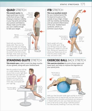 171S TA T I C S T R E T C H E S
Stand with your back to a
steady table. Place your left
foot on the table and, keeping
your legs parallel, tilt your pelvis
forward slightly so you can feel
the stretch in the front of your
left thigh. Hold, lower your foot,
and repeat with your right leg.
Rest the outside of your left leg
on a stable tabletop, bending
at your knee, so your right leg is
extended and your right foot
is up on tiptoe. Tilt your pelvis
forward until you feel the
stretch in your left buttock.
Hold, relax, and repeat with
your right leg.
This stretch uses a table to work the deep muscles
of your gluteals, along with your iliotibial band.
STANDING GLUTE STRETCH
This stretch works the
large quadriceps muscles
at the front of your thigh,
helping to improve mobility
in your hip joints and aiding
your posture and balance.
Always make sure the table
you use is stable enough
to take your weight.
QUAD STRETCH ITB STRETCH
EXERCISE BALL BACK STRETCH
With your feet shoulder-width apart and flat on the floor,
squat down onto an exercise ball, and lean back over it
so that both your shoulders and buttocks are resting on
it. Stretch both arms over your head and allow your
arms to fall as far as they will go. Hold the position
for a few seconds, breathing in and out, then relax.
This exercise stretches the joints of your upper and
lower back, and helps to improve the alignment of
your spinal joints.
This is an excellent stretch
for your iliotibial band (ITB),
the band of muscle on the
outside of your thigh. It helps
with hip mobility and flexibility,
and can prevent inflammation
of the area—iliotibial band
syndrome, which is a
common cause of pain.
Stand upright with your
feet hip-width apart. Bring
your left leg across your right,
putting your weight on your left
foot, raising your opposite arm
above your head as you do so.
Hold the stretch briefly, then
relax, and switch sides.
Keep your
head forward
and your
spine neutral
Tilt your pelvis
forward slightly
Feel the
stretch in
your left
buttock
and leg
Push down slightly
onto your left leg
Feel the stretch in
the outside of
your right leg
Bring your
left leg
across
your right
Feel the stretch
in your abdomen
Feel the stretch in
your upper back
and shoulders
Right leg
supports
your body
 