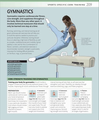 209S P O R T S - S P E C I F I C C O R E T R A I N I N G
Gymnastics requires cardiovascular fitness,
core strength, and suppleness throughout
the body. More than any other sport, it
involves technical maneuvers that should
only be learned one step at a time.
GYMNASTICS
Running, swimming, and interval training are all
good cardiovascular exercises that will help you
to build the stamina needed to practice your
particular discipline. Otherwise, training should
focus on attaining a high level of flexibility as well
as complex, multidirectional joint mobility. Spinal
stability is vital, and for this a combination of
flexion, isometric, and extension exercises is
recommended. Isometric strength is particularly
important for holding difficult positions
on the floor, rings, or pommel horse.
SPORTS SUCH AS...
 ▪ Acrobatic gymnastics
 ▪ Aerobic gymnastics
 ▪ Artistic gymnastics
 ▪ Display gymnastics
 ▪ Rhythmic gymnastics
 ▪ Trampolining and tumbling
 ■ Isometric
Exercises such
as stepped
plank walks
(»pp.154–55) help build
core strength and engage
the muscles of your lower
and upper body. This will
train your body to stabilize
and support your limb
weight and movement.
PREPARATION
Warm-ups should involve
cardiovascular work to raise
your body temperature
and dynamic stretches
that imitate the movements
in your particular discipline.
Cool-downs should involve
light jogging and static
stretches to prevent
tight muscles.
 ■ Extension
Extension
exercises
such as good
mornings (»pp.112–13)
help to stabilize and
strengthen your spine
and generate better
power and control by
improving your hip and
leg strength and mobility.
 ■ Flexion
Flexion
exercises such
as hanging
toe tucks (»p.150) help to
build strength and power
in your abdominals and
hips, especially when lifting
and supporting lower-body
weight, which is vital for
all ranges of gymnastics.
Training your body for gymnastics should involve a
program of exercises that promote explosive power in the
muscles. Improving all-round cardiovascular fitness through
interval training will also help, as will exercises that
strengthen your back. Flexibility can develop through
extensive stretching, yoga, and Pilates programs.
CORE-STRENGTH TRAINING FOR GYMNASTICS
Core strength and
stability improve
the mobility, control,
and precision
of your movements
 