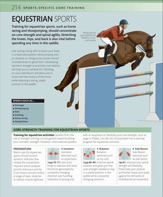 214 S P O R T S - S P E C I F I C C O R E T R A I N I N G
Training for equestrian sports, such as horse
racing and showjumping, should concentrate
on core strength and spinal agility. Stretching
the knees, hips, and back is also vital before
spending any time in the saddle.
EQUESTRIAN SPORTS
SPORTS SUCH AS...
 ▪ Dressage
 ▪ Showjumping
 ▪ Polo
 ▪ Eventing
 ▪ Horse racing
 ▪ Steeplechase
Like cycling, being able to brace your body
in a balanced position while jumping over
an obstacle or riding across uneven terrain
is fundamental to good form. Developing
isometric strength to promote core stability
will help you to achieve this. Working
on your side flexion will allow you to
move with the motion of the horse
while retaining a strong, stable
position in the saddle.
Riding requires
good stability and
ﬂexibility in your
core muscles
 ■ Isometric
Isometric
exercises such
as supermans
(»pp.70–71) train your
body to stabilize and resist
the forces generated by
constantly changing
direction and hurdling
obstacles of varying size.
PREPARATION
Warm-ups for equestrian
sports should involve
dynamic stretches that
imitate the movements
required and to prepare
you for strenuous activity.
Cool-downs should involve
a range of static stretches
to reduce muscle tightness.
 ■ Rotation
Rotation
exercises such
as hip rolls
(»pp.88–89) improve spinal
mobility and gives you the
core strength needed to stay
in a stable position in the
saddle while constantly
changing direction.
 ■ Side ﬂexion
Side flexion
exercises such
as side bends
(»p.81) improve your spinal
strength and flexibility.
These help your posture
and further brace your body
against the demands of
multidirectional movement.
Training for equestrian activities benefits from the
use of strength-training circuits geared toward building
your isometric strength. However, other exercise systems
with an emphasis on flexibility and core strength, such as
yoga or Pilates, can also be incorporated into a training
program for equestrian activities.
CORE-STRENGTH TRAINING FOR EQUESTRIAN SPORTS
 