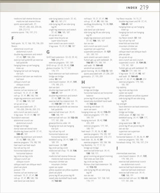 219I N D E X
medicine ball reverse throw see
medicine ball reverse throw
sports associated with 27,
195–97, 200, 203, 205–06,
209, 212–13
extreme sports 196, 197, 215
F
ﬁeld sports 16, 17, 166, 195, 196, 205
ﬂexion
abdominal crunch see
abdominal crunch
double-leg extension and stretch
37, 42, 107, 186, 206
exercise ball jackknife see exercise
ball jackknife
hanging knee-up see hanging
knee-up
hanging toe tuck see hanging
toe tuck
medicine ball slam see medicine
ball slam
oblique crunch see
oblique crunch
pike see pike
reverse curl see reverse curl
roll-back 19, 21, 37, 41, 90
roll-up 37, 41, 91, 180, 186
single-leg extension and stretch
37, 42, 106, 185, 187
sit-up see sit-up
sports associated with 27,
195–200, 204–06, 209, 215
stick crunch see stick crunch
V leg-raise 19, 37, 41, 92, 187
foundation exercises
abdominal crunch see
abdominal crunch
bridge see bridge
dorsal raise see dorsal raise
double-leg lower and lift 37, 41,
100–01, 187
double-leg extension and stretch
37, 42, 107, 186, 206
exercise programs 176, 180, 190
heel reach see heel reach
hip roll see hip roll
horizontal balance see
horizontal balance
leg circle see leg circle
oblique crunch see
oblique crunch
oblique reach see oblique reach
plank see plank
posture 179
reverse curl see reverse curl
roll-back 19, 21, 37, 41, 90
roll-up 37, 41, 91, 180, 186
side bend see side bend
side-lying lateral crunch 37, 42,
80, 180, 187, 211
side-lying leg lift see side-lying
leg lift
single-leg extension and stretch
37, 42, 106, 185, 187
sit-up see sit-up
super-slow bicycle see
super-slow bicycle
swim stretch see swim stretch
V leg-raise 19, 37, 41, 92, 187
G
GHD back extension 32–33, 39, 42,
143, 203, 213
exercise programs 181, 189
GHD sit-up 32–33, 39, 42, 138
gluteus muscles 16, 17, 167,
170, 171
back extension see back extension
bridge see bridge
cobra 53, 169
core board rotation 39, 41, 131,
179, 189, 215
dart see dart
double-leg lower and lift 37, 41,
100–01, 187
double-leg extension and stretch
37, 42, 107, 186, 206
exercise ball hip rotation kick 19,
39, 158–59, 177, 181, 191
exercise ball jackknife see exercise
ball jackknife
exercise ball knee tuck 39, 41,
130, 188, 191
exercise ball roll-out 38, 132–33,
177, 181, 206
glute/piriformis roller 44
hanging toe tuck see hanging
toe tuck
hip roll see hip roll
horizontal balance see
horizontal balance
kettlebell swing 39, 41, 129, 177,
189, 191
lawnmower 38, 137
leg circle see leg circle
medicine ball chop 19, 38, 136,
189, 191
medicine ball reverse throw see
medicine ball reverse throw
mountain climber see
mountain climber
oyster see oyster
pillow squeeze see pillow squeeze
plank see plank
prone leg lift see prone leg lift
raised pike dumbbell hand-walk
39, 162–63
roll-back 19, 21, 37, 41, 90
roll-up 37, 41, 91, 180, 186
sandbag shouldering 19, 38, 151,
177, 191
side bend see side bend
side-lying leg lift see side-lying
leg lift
single-leg extension and stretch
37, 42, 106, 185, 187
star see star
stick crunch see stick crunch
superman see superman
suspended pendulum 39, 127,
181, 189, 191
swim stretch see swim stretch
Turkish get-up with kettlebell 39,
156–57, 177, 189, 191
wall walk 39, 164–65
windmill see windmill
good morning 38, 42, 112–13, 189
sports associated with 27, 206, 209
gymnastics 27, 195, 209
H
hamstrings 169
bridge see bridge
horizontal balance see horizontal
balance
prone leg lift see prone leg lift
raised pike dumbbell hand-walk
39, 162–63
standing roll-down 55
swim see swim
hanging knee-up 38, 42, 110–11
exercise programs 177, 181,
189, 191
hanging toe tuck 38, 42, 150,
205, 209
exercise programs 177, 181,
188, 191
heel reach 21, 30, 36, 42, 82
exercise programs 176, 185, 187
sports associated with 210, 213
heel slide 30, 36, 40, 59
exercise programs 183, 184, 186
hip ﬂexibility 16, 17, 51, 52
bridge see bridge
exercise ball knee tuck 39, 41,
130, 188, 191
good morning see good morning
heel slide see heel slide
leg circle see leg circle
Roman chair back extension 38,
42, 112–13
side-lying leg lift see side-lying
leg lift
star see star
static exercises 167, 168, 169,
170, 171
hip ﬂexor muscles 14, 15, 21
double-leg lower and lift 37, 41,
100–01, 187
hanging knee-up see hanging
knee-up
hanging toe tuck see hanging
toe tuck
hip ﬂexor stretch 51, 168
hip roll see hip roll
knee fold see knee fold
mountain climber see
mountain climber
oblique reach see oblique reach
pike see pike
sit-up see sit-up
stick crunch see stick crunch
suspended crunch 38, 134–35,
179, 181, 189
Turkish get-up with kettlebell 39,
156–57, 177, 189, 191
V leg-raise 19, 37, 41, 92, 187
wall walk 39, 164–65
hip roll 21, 30, 37, 43, 88–89, 214
exercise programs 179, 180,
185, 187
hip stability
leg circle see leg circle
oyster see oyster
pillow squeeze see pillow squeeze
side-lying leg lift see side-lying
leg lift
hip strength
back extension see back extension
back roll 54
bridge see bridge
child’s pose 29, 52, 168, 183
kettlebell swing 39, 41, 129, 177,
189, 191
lying waist twist 50, 169
prone leg lift see prone leg lift
star see star
superman see superman
swim see swim
horizontal balance 21, 30, 36, 41, 97
exercise programs 183, 186
horseback riding 195, 196, 197, 214
I
intermediate exercises
core board rotation 39, 41, 131,
179, 189, 215
exercise ball abdominal crunch
see abdominal crunch
exercise ball back extension see
exercise ball back extension
exercise ball knee tuck 39, 41,
130, 188, 191
exercise ball roll-out 38, 132–33,
177, 181, 206
 