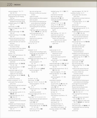 220 I N D E X
exercise programs 176, 177,
180, 181, 191
good morning see good morning
hanging knee-up see hanging
knee-up
kettlebell round-body swing see
kettlebell round-body swing
kettlebell swing 39, 41, 129, 177,
189, 191
lawnmower 38, 137
long-arm bridge pull-over 39, 41,
128, 211
medicine ball bridge 43, 123,
188, 207
medicine ball chop 19, 38, 136,
189, 191
medicine ball reverse throw see
medicine ball reverse throw
medicine ball slam see medicine
ball slam
mountain climber see
mountain climber
O-bar rotation see O-bar rotation
partner ball swap see partner
ball swap
posture 179
Roman chair back extension 38,
42, 112–13
Russian twist see Russian twist
standing plate twist see standing
plate twist
suspended crunch 38, 134–35,
179, 181, 189
suspended pendulum 39, 127,
181, 189, 191
suspended single-arm core
rotation see suspended
single-arm core rotation
wall side throw 38, 43, 124–25,
189, 198
windmill see windmill
isometric movement 14, 15
active pelvic ﬂoor see active
pelvic ﬂoor
back extension see back extension
bridge see bridge
core board rotation 39, 41, 131,
179, 189, 215
double-leg lower and lift 37, 41,
100–01, 187
exercise ball knee tuck 39, 41,
130, 188, 191
heel slide see heel slide
horizontal balance see horizontal
balance
kettlebell round-body swing see
kettlebell round-body swing
kettlebell swing 39, 41, 129, 177,
189, 191
knee fold see knee fold
leg circle see leg circle
mountain climber see mountain
climber
oyster see oyster
pillow squeeze see pillow squeeze
plank see plank
prone abdominal hollowing see
prone abdominal hollowing
prone leg lift see prone leg lift
side-lying leg lift see side-lying
leg lift
single-leg, single-arm cable press
38, 41, 148–49, 181, 188, 202
sports associated with 27,
195–99, 201–04, 206–15
star see star
superman see superman
swim see swim
toe tap see toe tap
ITB 45, 167, 171
K
kettlebell 32, 33
oblique reach see oblique reach
Turkish get-up with kettlebell 39,
156–57, 177, 189, 191
windmill see windmill
kettlebell round-body swing 39, 41,
117, 201, 210
exercise programs 179,
181, 191
kettlebell swing 39, 41, 129, 177,
189, 191
knee fold 29, 30, 36, 40, 60–61
exercise programs 178,
182–84, 187
L
lat stretch 44, 166
lawnmower 38, 137
leg circle 19, 20, 21, 30, 36, 41, 74
exercise programs 179, 185,
186, 187
legs 14, 15
medicine ball chop 19, 38, 136,
189, 191
windmill see windmill
long-arm bridge pull-over 39, 41,
128, 211
lower back 12–13, 23–24, 51, 55
back extension see back extension
bridge see bridge
cobra 53, 169
dorsal raise see dorsal raise
exercise ball roll-out 38, 132–33,
177, 181, 206
GHD sit-up 39, 42, 138
hip roll see hip roll
kettlebell swing 39, 41, 129, 177,
189, 191
knee fold see knee fold
leg circle see leg circle
lying waist twist 50, 169
raised pike dumbbell hand-walk
39, 162–63
roll-back 19, 21, 37, 41, 90
roll-up 37, 41, 91, 180, 186
side plank see side plank
side-lying leg lift see side-lying
leg lift
star see star
static exercises 167, 169, 171
superman see superman
suspended single-arm core
rotation see suspended
single-arm core rotation
toe tap see toe tap see also
upper back
M
medicine ball 32, 33
abdominal crunch see
abdominal crunch
hip roll see hip roll
partner ball swap see partner
ball swap
wall side throw 38, 43, 124–25,
189, 198
medicine ball bridge 43, 123, 188, 207
medicine ball chop 19, 38, 136,
189, 191
medicine ball reverse throw 38, 42,
121, 200, 205
exercise programs 177, 189
medicine ball slam 39, 42, 120,
198, 204
exercise programs 177, 188,
189, 191
mobilization stretches
back rolls 45, 54
cat and camel 29, 50, 168, 183
child’s pose 29, 52, 168, 183
cobra 53, 169
glute/piriformis roller 44
hip stretches 51, 52, 168
lat roller 44
lying twists 49, 50
neck extension and ﬂexion 44,
46, 47
scorpion stretch 53
shoulder rotation 47
skier stretch 54
standing roll-down 55
threading the needle 51
torso ﬂexion and rotation 48
mountain climber 39, 41, 118,
199, 203
exercise programs 181, 189, 191
multiﬁdus muscles 16, 17
active pelvic ﬂoor see active
pelvic ﬂoor
back extension see back extension
bridge see bridge
core board rotation 39, 41, 131,
179, 189, 215
dart see dart
dorsal raise see dorsal raise
double-leg lower and lift 37, 41,
100–01, 187
double-leg extension and stretch
37, 42, 107, 186, 206
exercise ball back extension see
exercise ball back extension
exercise ball knee tuck 39, 41,
130, 188, 191
exercise ball roll-out 38, 132–33,
177, 181, 206
heel reach see heel reach
heel slide see heel slide
hip roll see hip roll
horizontal balance see
horizontal balance
kettlebell round-body swing see
kettlebell round-body swing
kettlebell swing 39, 41, 129, 177,
189, 191
knee fold see knee fold
lawnmower 38, 137
leg circle see leg circle
medicine ball chop 19, 38, 136,
189, 191
medicine ball reverse throw see
medicine ball reverse throw
mountain climber see
mountain climber
oblique reach see oblique reach
oyster see oyster
plank see plank
prone abdominal hollowing see
prone abdominal hollowing
prone leg lift see prone leg lift
pulley lift see pulley lift
Russian twist see Russian twist
side bend see side bend
side-lying lateral crunch 37, 42,
80, 180, 187, 211
side-lying leg lift see side-lying
leg lift
single-leg extension and stretch
37, 42, 106, 185, 187
single-leg, single-arm cable press
38, 41, 148–49, 181, 188, 202
sit-up see sit-up
slide board wiper 39, 160–61, 181
standing plate twist see standing
plate twist
star see star
 