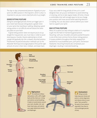 23C O R E T R A I N I N G A N D P O S T U R E
The day-to-day compressional pressure of gravity on your
spine can affect posture in the long term, which is why it is
important to use your core to stand tall and sit up straight.
GOOD SITTING POSTURE
Sitting for prolonged periods of time can trigger pain in
your lower back because sitting places a greater strain
on your spine than standing or walking. Adopting a good
sitting position is not difficult and will reduce the stress
you place on your back.
A good sitting position does not require you to sit up
straight for long periods—you must relax in order to avoid
straining your muscles. Anyone attempting to sit bolt
upright will gradually slip into a relaxed, slouched position.
Practitioners of postural education methods such as the
Alexander Technique encourage people to find just the right
amount of curve in their neck, midback, and lower-back.
If you use a desk for long periods of time, sit in a well-
designed chair, set up your workstation to avoid stretching
or straining, and try to take regular breaks. At home, choose
a comfortable chair with enough space to let you change
your position and move around while watching television
or reading. You can also place cushions behind your lower
back to support your spine.
BAD SITTING POSTURE
Many of us spend our days sitting at a desk so it is important
to get into the habit of maintaining good posture.
Slouching—with your shoulders and pelvis pushed forwards—
is one of the most common forms of poor sitting position.
It causes problems throughout the body ranging from
backache to musculoskeletal pains, joint pains, and tension
headaches. Slouching forwards also compresses your
diaphragm, resulting in restricted breathing.
Chest out
Tension
in back
Shoulders
tight
Knees
locked
Head
tilted back
Chin jutting
forward and upNeck
rigid
Good posture
Sitting correctly
helps keep your bones and
joints in correct alignment,
and reduces stress on your
spine. Train yourself to
be aware of your posture,
especially if you have to
sit for prolonged periods
of time.
Chin level
Head level
Shoulders
relaxed
Back straight
with gentle
S-curve
Body held
straight
Rigid posture
The traditional military-
style posture, with a stiff, straight
back and the chest out, is tiring
and restricts normal breathing.
It leads to muscle tension around
your neck, shoulder, mid- and
lower-back areas, and restricts
your upper abdominal muscles
and diaphragm.
 