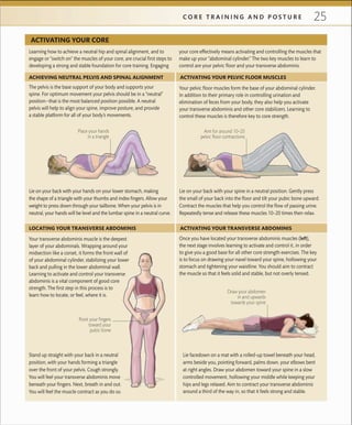 25C O R E T R A I N I N G A N D P O S T U R E
ACTIVATING YOUR CORE
Learning how to achieve a neutral hip and spinal alignment, and to
engage or “switch on” the muscles of your core, are crucial ﬁrst steps to
developing a strong and stable foundation for core training. Engaging
your core effectively means activating and controlling the muscles that
make up your “abdominal cylinder.” The two key muscles to learn to
control are your pelvic ﬂoor and your transverse abdominis.
Lie on your back with your hands on your lower stomach, making
the shape of a triangle with your thumbs and index ﬁngers. Allow your
weight to press down through your tailbone. When your pelvis is in
neutral, your hands will be level and the lumbar spine in a neutral curve.
The pelvis is the base support of your body and supports your
spine. For optimum movement your pelvis should be in a “neutral”
position—that is the most balanced position possible. A neutral
pelvis will help to align your spine, improve posture, and provide
a stable platform for all of your body’s movements.
Your transverse abdominis muscle is the deepest
layer of your abdominals. Wrapping around your
midsection like a corset, it forms the front wall of
of your abdominal cylinder, stabilizing your lower
back and pulling in the lower abdominal wall.
Learning to activate and control your transverse
abdominis is a vital component of good core
strength. The ﬁrst step in this process is to
learn how to locate, or feel, where it is.
Once you have located your transverse abdominis muscles (left),
the next stage involves learning to activate and control it, in order
to give you a good base for all other core strength exercises. The key
is to focus on drawing your navel toward your spine, hollowing your
stomach and tightening your waistline. You should aim to contract
the muscle so that it feels solid and stable, but not overly tensed.
Stand up straight with your back in a neutral
position, with your hands forming a triangle
over the front of your pelvis. Cough strongly.
You will feel your transverse abdominis move
beneath your ﬁngers. Next, breath in and out.
You will feel the muscle contract as you do so.
ACTIVATING YOUR TRANSVERSE ABDOMINISLOCATING YOUR TRANSVERSE ABDOMINIS
Your pelvic ﬂoor muscles form the base of your abdominal cylinder.
In addition to their primary role in controlling urination and
elimination of feces from your body, they also help you activate
your transverse abdominis and other core stabilizers. Learning to
control these muscles is therefore key to core strength.
ACHIEVING NEUTRAL PELVIS AND SPINAL ALIGNMENT
Lie on your back with your spine in a neutral position. Gently press
the small of your back into the ﬂoor and tilt your pubic bone upward.
Contract the muscles that help you control the ﬂow of passing urine.
Repeatedly tense and release these muscles 10–20 times then relax.
ACTIVATING YOUR PELVIC FLOOR MUSCLES
Point your ﬁngers
toward your
pubic bone
Place your hands
in a triangle
Aim for around 10–20
pelvic ﬂoor contractions
Lie facedown on a mat with a rolled-up towel beneath your head,
arms beside you, pointing forward, palms down, your elbows bent
at right angles. Draw your abdomen toward your spine in a slow
controlled movement, hollowing your middle while keeping your
hips and legs relaxed. Aim to contract your transverse abdominis
around a third of the way in, so that it feels strong and stable.
Draw your abdomen
in and upwards
towards your spine
 