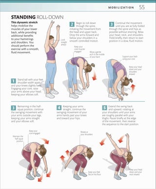 55M O B I L I Z A T I O N
Stand tall with your feet
shoulder-width apart
and your knees slightly bent.
Engaging your core, raise
your arms above your head,
keeping your elbows soft.
Begin to roll down
through the spine,
initiating the movement from
the head and upper back.
Drop the arms forward and
below your shoulders in a
smooth controlled motion.
Continue the movement
until you are as fully folded
through the spine and hips as
possible without straining. Relax
your head, neck, and shoulders.
Hold briefly, then return to start
position in a slow, fluid motion.
Remaining in the half-
squat position, continue
the swinging movement with
your arms outside your legs,
keeping your arms straight
and your elbows soft.
Keeping your arms
straight, continue the
swinging movement of your
arms hands past your knees
and toward your hips.
Extend the swing back
and upward, rotating at
your shoulders until your arms
are roughly parallel with your
thighs. Pause briefly at the edge
of the movement, then reverse
the sequence to the start position.
STANDING ROLL-DOWN
This dynamic stretch
helps mobilize the
muscles of your lower
back, while providing
additional benefits
to your hamstrings
and shoulders. You
should perform the
exercise with a smooth,
fluid movement.
Look
straight
ahead
Keep your
core engaged
Rotate at
your shoulders
Allow a gentle
arch in the middle
of your back
Keep your
core muscles
engaged
Keep your feet
ﬂat on the ﬂoor
Keep your head
down and your
neck relaxed
Support your back
using your core
Keep your head
down and your
shoulders
relaxed
Maintain the
half-squat
position
 
