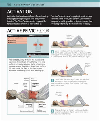 C O R E -T R A I N I N G E X E R C I S E S56
ACTIVE PELVIC FLOOR
Gently press the small of your back into the floor
and tilt your pubic bone upward by engaging
your abdominal and pelvic floor muscles. Hold for at
least three seconds.
Lie on your back with your knees bent at a
comfortable angle, your feet flat on the floor and hip-
width apart, your arms by your sides, and your lower back
in a neutral arch. Relax in this position before you begin.
Activation is a fundamental part of core training,
helping to strengthen your core and prevent
injuries. The “deep” core muscles responsible
for stabilization are not as easy to feel as
“surface” muscles, and engaging them therefore
requires time, focus, and control. Concentrate
on your breathing and technique to ensure that
you are performing the movements correctly.
ACTIVATION
This exercise gently stretches the muscles and
ligaments of your back, strengthening your core
and improving your posture; it also helps relieve
pressure on your facet joints. You should perform
this exercise on the floor at first, but as your
technique improves you can try it standing up.
Relax and return to the start position, so that the
small of your back is slightly arched once more.
Repeat as required and relax.
Find your
neutral, lower
back curve
Keep your
upper body
relaxed
Keep your
feet ﬂat on
the ﬂoor
TARGET MUSCLES TARGET MOVEMENT
DIFFICULTY LEVEL
 ▪ Transverse abdominis
 ▪ Pelvic ﬂoor
 ▪ Multiﬁdus
Isometric
Transverse
abdominis
(deep)
Rectus
abdominis
Pelvic floor
(deep)
Quadratus
lumborum (deep)
Multifidus
(deep)
External
obliques
Internal
obliques
(deep)
Deltoids
Pectorals
Erector spinae (hidden)
 