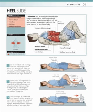59A C T I V A T I O N
Bring your
knee back as
far as you can
Maintain neutral
position throughout
Keep your
pelvis neutral
HEEL SLIDE
This simple and relatively gentle movement
is a good exercise for improving strength
and mobility in the muscles of your hip and
pelvis. Always remember to perform the
same number of reps for each leg.
Slowly bend your right knee up
by sliding your right heel along
the ground. Bend it as far as you can
without rocking or lifting your hips
off the ground, or disturbing the
lumbar spine position. Keep your
core engaged throughout.
Lie on your back with your legs
stretched out straight in front
of you, your arms by your sides, and
your heels pressed lightly against the
floor. Locate your neutral hip and spine
position before you begin this exercise.
Slide your right leg back to the
start position, without allowing the
hips to rock to one side. Stay weighted
in the tailbone and keep your core
engaged. Alternate with each leg for the
required number of reps, then relax.
Establish neutral
hip and spine
alignment
TARGET MUSCLES
 ▪ Transverse abdominis
 ▪ Internal obliques
 ▪ Pelvic ﬂoor
 ▪ Multiﬁdus
 ▪ Quadratus lumborum
TARGET MOVEMENT
Isometric
DIFFICULTY LEVEL Quadratus lumborum (deep)
Internal obliques (deep)
Multifidus (hidden)
Transverse abdominis (deep)
External obliques
Pelvic floor (deep)
Rectus
abdominis
 