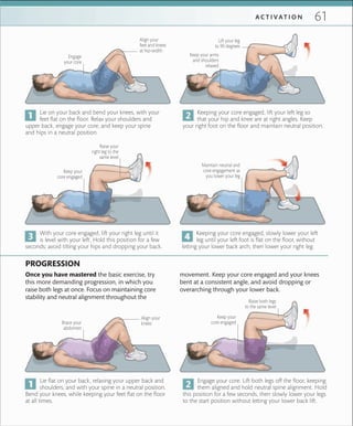 61A C T I V A T I O N
Lie on your back and bend your knees, with your
feet flat on the floor. Relax your shoulders and
upper back, engage your core, and keep your spine
and hips in a neutral position.
Lie flat on your back, relaxing your upper back and
shoulders, and with your spine in a neutral position.
Bend your knees, while keeping your feet flat on the floor
at all times.
Align your
feet and knees
at hip-width
Align your
knees
Engage
your core
Brace your
abdomen
Lift your leg
to 90 degrees
Keeping your core engaged, lift your left leg so
that your hip and knee are at right angles. Keep
your right foot on the floor and maintain neutral position.
Keep your arms
and shoulders
relaxed
Keep your
core engaged
Keep your
core engaged
Maintain neutral and
core engagement as
you lower your leg
Raise your
right leg to the
same level
Raise both legs
to the same level
With your core engaged, lift your right leg until it
is level with your left. Hold this position for a few
seconds; avoid tilting your hips and dropping your back.
Engage your core. Lift both legs off the floor, keeping
them aligned and hold neutral spine alignment. Hold
this position for a few seconds, then slowly lower your legs
to the start position without letting your lower back lift.
Keeping your core engaged, slowly lower your left
leg until your left foot is flat on the floor, without
letting your lower back arch, then lower your right leg.
PROGRESSION
Once you have mastered the basic exercise, try
this more demanding progression, in which you
raise both legs at once. Focus on maintaining core
stability and neutral alignment throughout the
movement. Keep your core engaged and your knees
bent at a consistent angle, and avoid dropping or
overarching through your lower back.
 