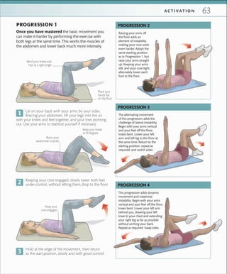 63A C T I V A T I O N
Brace your
abdominal muscles
Keep your
core engaged
Lie on your back with your arms by your sides.
Bracing your abdomen, lift your legs into the air
with your knees and feet together, and your toes pointing
out. Use your arms to stabilize yourself if necessary.
Keeping your core engaged, slowly lower both feet
under control, without letting them drop to the floor.
Hold at the edge of the movement, then return
to the start position, slowly and with good control.
Place your
hands ﬂat
on the ﬂoor
Bend your knees and
hips at a right angle
Keep your knees
at 90 degrees
This progression adds dynamic
movement and rotational
instability. Begin with your arms
vertical and your feet off the ﬂoor,
knees bent. Lower your left arm
behind you, drawing your left
knee to your chest and extending
your right leg as far as possible
without arching your back.
Repeat as required. Swap sides.
PROGRESSION 4
Once you have mastered the basic movement you
can make it harder by performing the exercise with
both legs at the same time. This works the muscles of
the abdomen and lower back much more intensely.
PROGRESSION 1
Raising your arms off
the ﬂoor adds an
element of instability,
making your core work
even harder. Adopt the
same starting position
as in Progression 1, but
raise your arms straight
up. Keeping your arms
still, and your core tight,
alternately lower each
foot to the ﬂoor.
The alternating movement
of this progression adds the
challenge of lateral instability.
Begin with your arms vertical
and your feet off the ﬂoor,
knees bent. Lower your left
arm and left leg to the ﬂoor at
the same time. Return to the
starting position, repeat as
required, and switch sides.
PROGRESSION 2
PROGRESSION 3
 