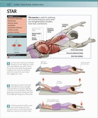 C O R E -T R A I N I N G E X E R C I S E S68
STAR
This exercise is useful for stabilizing
the muscles along your spine, while
also strengthening the shoulders,
lower back, and buttocks.
Place your palms
ﬂat on the ﬂoor
Lie face down with your forehead
resting on a mat. Align your neck
and head. Extend your arms in front
of you with your palms facing down.
Lengthen your torso by stretching
your neck away from your body,
and engage your core.
Hold the position briefly. Lower
your limbs slowly and with
control to return to the start position.
Repeat as required and switch sides.
Keeping your head in line with
your spine and your abs tight,
raise your left arm and your right leg
3–6in (8–15cm) off the floor. Hold your
glutes tight and avoid rocking your hips
and dropping through your lower back.
Keep your
feet together
 ▪ Transverse abdominis
 ▪ Pelvic ﬂoor
 ▪ Erector spinae
 ▪ Multiﬁdus
 ▪ Quadratus lumborum
 ▪ Gluteus medius
 ▪ Gluteus maximus
TARGET MUSCLES
TARGET MOVEMENT
Isometric
DIFFICULTY LEVEL
Contract
your glutes
Use your glutes to stop
your body from rotating
Multifidus
(deep)
Pelvic floor (hidden)
Transverse abdominis (deep)
Erector spinae (deep)
Gluteus medius
(deep)
Gluteus minimus
(deep)
Quadratus
lumborum
(deep)
Gluteus
maximus
 