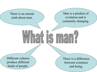 There is a difference
between existence
and being.
Different cultures
produce different
kinds of people.
There is an eternal
truth about man.
Man is a product of
evolution and is
constantly changing.
 