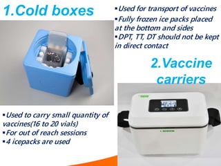 Used for transport of vaccines
Fully frozen ice packs placed
at the bottom and sides
DPT, TT, DT should not be kept
in ...