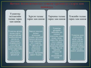 Уушигны 
гялтангийн 
талаас гарах 
хам шинж 
Уушигны артерд 
цусны усргал 
саатсантайгаар 
холбоотойгоор 
өвчтөн их 
амьсгаадан 
агааржуулалт 
дээд зэргээр 
нэмэгдэх боловч 
хүчил төрөгчийн 
дутагдал, 
амьсгаадалт 
арилахгүй. 
Зүрхэн талаас 
гарах хам шинж 
Баруун ховдлын 
цочмог 
дутагдлын 
улмаас гүрээний 
венүүд өргөсөн, 
нүүр хавагнана, 
элэг томроно. 
N.vagus-ын үйл 
ажиллагаа 
идэвхижин 
хориг үүсч 
болно. Артерийн 
даралт буурна. 
Тархины талаас 
гарах хам шинж 
Уушигны 
артерийн 
эмболийн үед 
гипокси 
нэмэгдэж, ухаан 
алдах, татах, 
дороо бие засах, 
хэсэг газрын 
цусан хангамж 
алдагдсан шинж 
гарна. Энэ нь 
тархины 
шигдээстэй 
онош 
анддуурагдах 
талтай. 
Хэвлийн талаас 
гарах хам шинж 
Уушигны доод 
дэлбэнгийн 
артер гэмтэж, 
доод дэлбэнд 
шигдээс үүсч, 
өрцний мэдрэл 
цочрон, хэвлийн 
урд хана руу 
өвдөлт дамжина. 
 