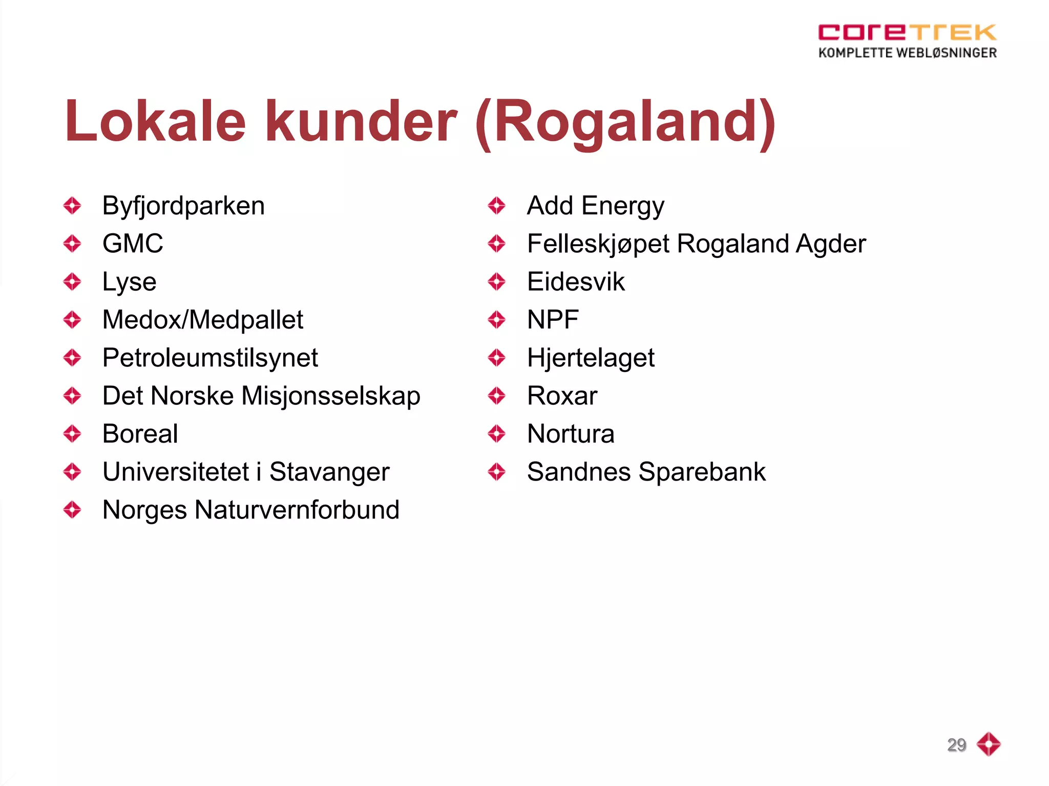 Lokale kunder (Rogaland)
Byfjordparken
GMC
Lyse
Medox/Medpallet
Petroleumstilsynet
Det Norske Misjonsselskap
Boreal
Universitetet i Stavanger
Norges Naturvernforbund
29
Add Energy
Felleskjøpet Rogaland Agder
Eidesvik
NPF
Hjertelaget
Roxar
Nortura
Sandnes Sparebank
 