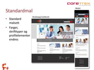 Standardmal 
• Standard 
malsett 
• Farger, 
skrifttyper og 
profilelementer 
endres 
Desktopp/nettbrett 
Mobil 
 