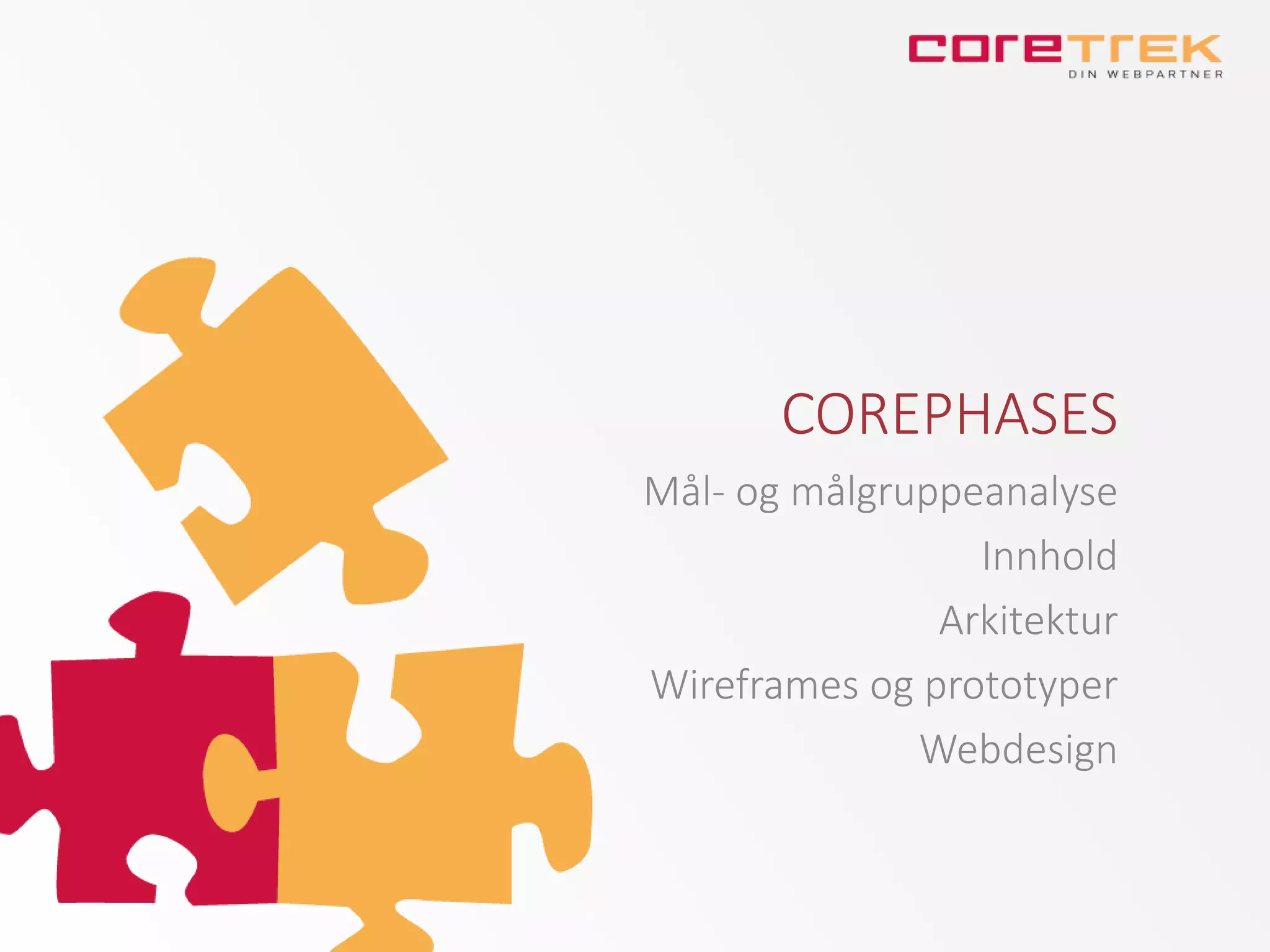 COREPHASES
Mål- og målgruppeanalyse
Innhold
Arkitektur
Wireframes og prototyper
Webdesign
 