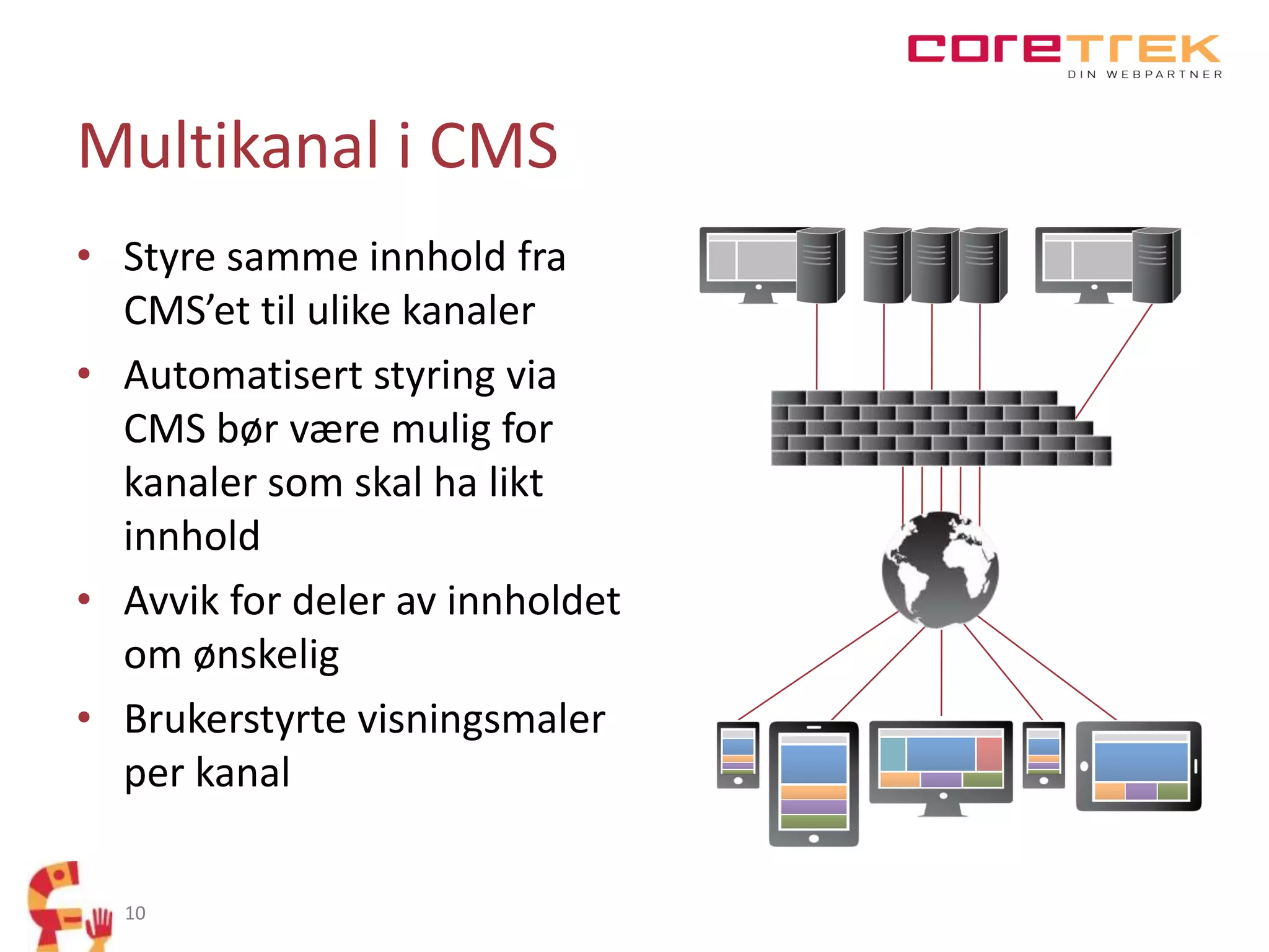 Multikanal i CMS
• Styre samme innhold fra
CMS’et til ulike kanaler
• Automatisert styring via
CMS bør være mulig for
kanaler som skal ha likt
innhold
• Avvik for deler av innholdet
om ønskelig
• Brukerstyrte visningsmaler
per kanal
10

 