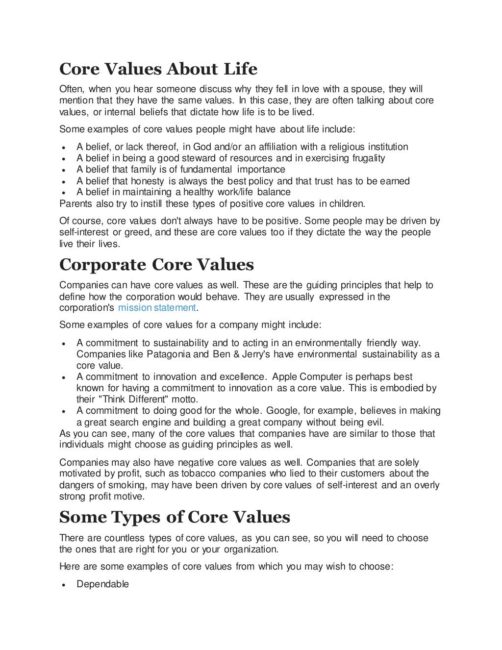 essay about core values