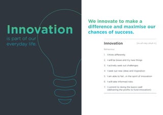 Innovation
Behaviour
1.	 I think differently
2.	 I will be brave and try new things
3.	 I actively seek out challenges
4.	 I seek out new ideas and inspiration
5.	 I am able to fail….in the spirit of innovation
6.	 I will take informed risks
7.	 I commit to doing the basics well
(delivering the profits to fund innovation)
Innovation
We innovate to make a
difference and maximise our
chances of success.
[in-uh-vey-shuh n]
is part of our
everyday life.
 
