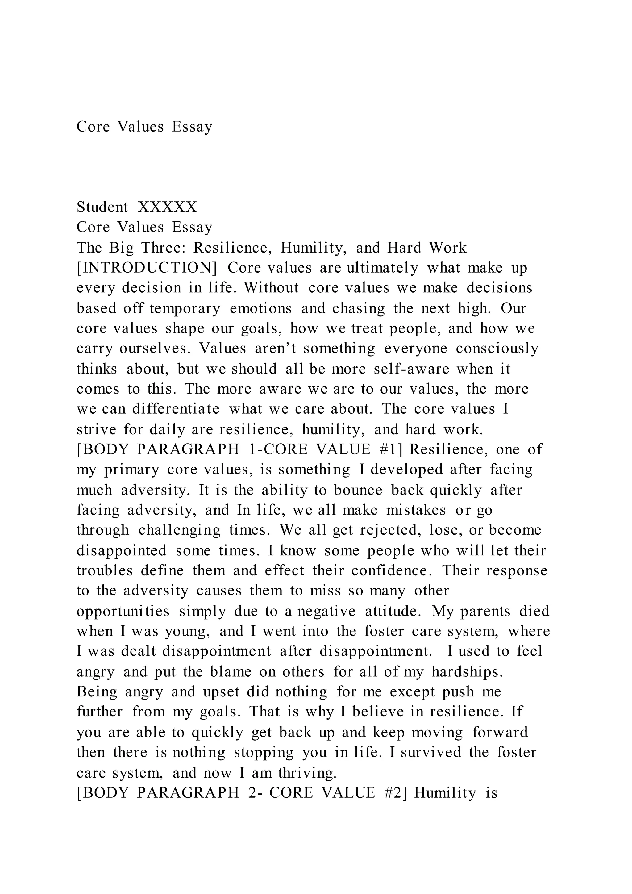 Core Values EssayStudent XXXXXCore Values EssayThe Big | DOCX