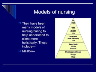 Models of nursing Their have been many models of nursing/caring to help understand to client more holistically. These include— Maslow-- 
