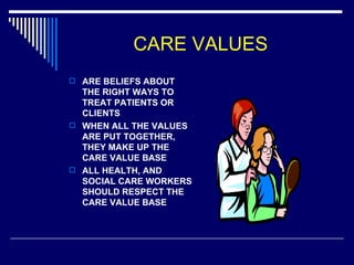 CARE VALUES ARE BELIEFS ABOUT THE RIGHT WAYS TO TREAT PATIENTS OR CLIENTS WHEN ALL THE VALUES ARE PUT TOGETHER, THEY MAKE UP THE CARE VALUE BASE ALL HEALTH, AND SOCIAL CARE WORKERS SHOULD RESPECT THE CARE VALUE BASE 