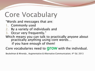 Core Vocabulary
“Words and messages that are:
1. Commonly used
2. By a variety of individuals and
3. Occur very frequently.”
Which means you can talk to practically anyone about
practically anything using core words…
if you have enough of them!
Core vocabularies need to grow with the individual.
Beukelman & Mirenda , Augmentative & Alternative Communication, 4th Ed. 2013
 