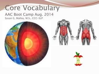 Core Vocabulary
AAC Boot Camp Aug. 2014
Susan G. Malloy, M.S., CCC-SLP
 