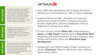 OURPASSION
We think the internet and the adoption
of trends on the internet are leading
indicators for the upcoming innovations
in the enterprise. We are passionate
about helping our customers interpret,
leverage, and maximize the business
benefits of these incremental or
disruptive trends and making it a reality
in their operating environment.
Be a leader in the adoption of new and
significant trends in the technology
marketplace that influence our
customer’s business. Pace ourselves to
the urgent needs of our customers. Be a
trusted Advisor. Add value to every
relationship.
Uncompromising focus on the success of
every relationship, project and solution.
We go the extra mile, stay the extra night
in our quest to help our customers
achieve the 110% results from the
investments they are making with us and
the solutions we build.
OURVISIONOURVALUE
Since 2005 been developing and managing SharePoint
Infrastructure and Solutions for 100s of clients worldwide.
Implementations include – SharePoint Architecture,
Infrastructure Implementations, Enterprise Intranets,
Business Applications, Business Intelligence, Industry
Applications among many others
Current Services include Office 365 Implementations,
Azure and SQL Cloud Implementations, SharePoint 2013
Migrations and Implementations, Business Solutions, Web
Portals and Intranets, Office and SharePoint Apps
Development
Developing many different types of Apps including the
Corveo eContracts Platform, Self Service Apps, Facilities
Apps, among others.
 