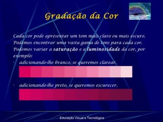 Educação Visual e Tecnológica
Gradação da Cor
Cada cor pode apresentar um tom mais claro ou mais escuro.
Podemos encontrar uma vasta gama de tons para cada cor.
Podemos variar a saturação e a luminosidade da cor, por
exemplo:
- adicionando-lhe branco, se queremos clarear.
- adicionando-lhe preto, se queremos escurecer.
 