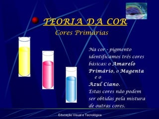 Educação Visual e Tecnológica
TEORIA DA COR
Na cor - pigmento
identificamos três cores
básicas: o Amarelo
Primário, o Magenta
e o
Azul Ciano.
Estas cores não podem
ser obtidas pela mistura
de outras cores.
Cores Primárias
 