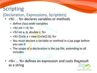 Scripting
(Declaration, Expressions, Scriptlets)
 • <%! . . %> declares variables or methods
    – define class-wide variables
    – <%! int i = 0; %>
    – <%! int a, b; double c: %>
    – <%! Circle a = new Circle(2.0); %>
    – You must declare a variable or method in a jsp page before
      you use it
    – The scope of a declaration is the jsp file, extending to all
      includes

 • <%= . . %> defines an expression and casts the result
   as a string
 