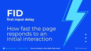 FID
ﬁrst input delay
How fast the page
responds to an
initial interaction
@sophiegibson #BrightonSEO How to Conduct a Core Web Vitals Audit
 