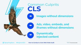 CLS
Common Culprits
↠ Images without dimensions
↠
↠
@sophiegibson #BrightonSEO How to Conduct a Core Web Vitals Audit
Ads, video, embeds, and
iframes without dimensions
Dynamically
injected content
 