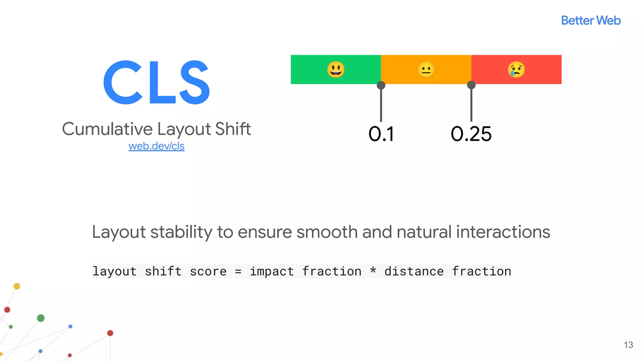 CLS
Cumulative Layout Shift
web.dev/cls
😃 😐 😢
0.1 0.25
13
Layout stability to ensure smooth and natural interactions
layout shift score = impact fraction * distance fraction
 