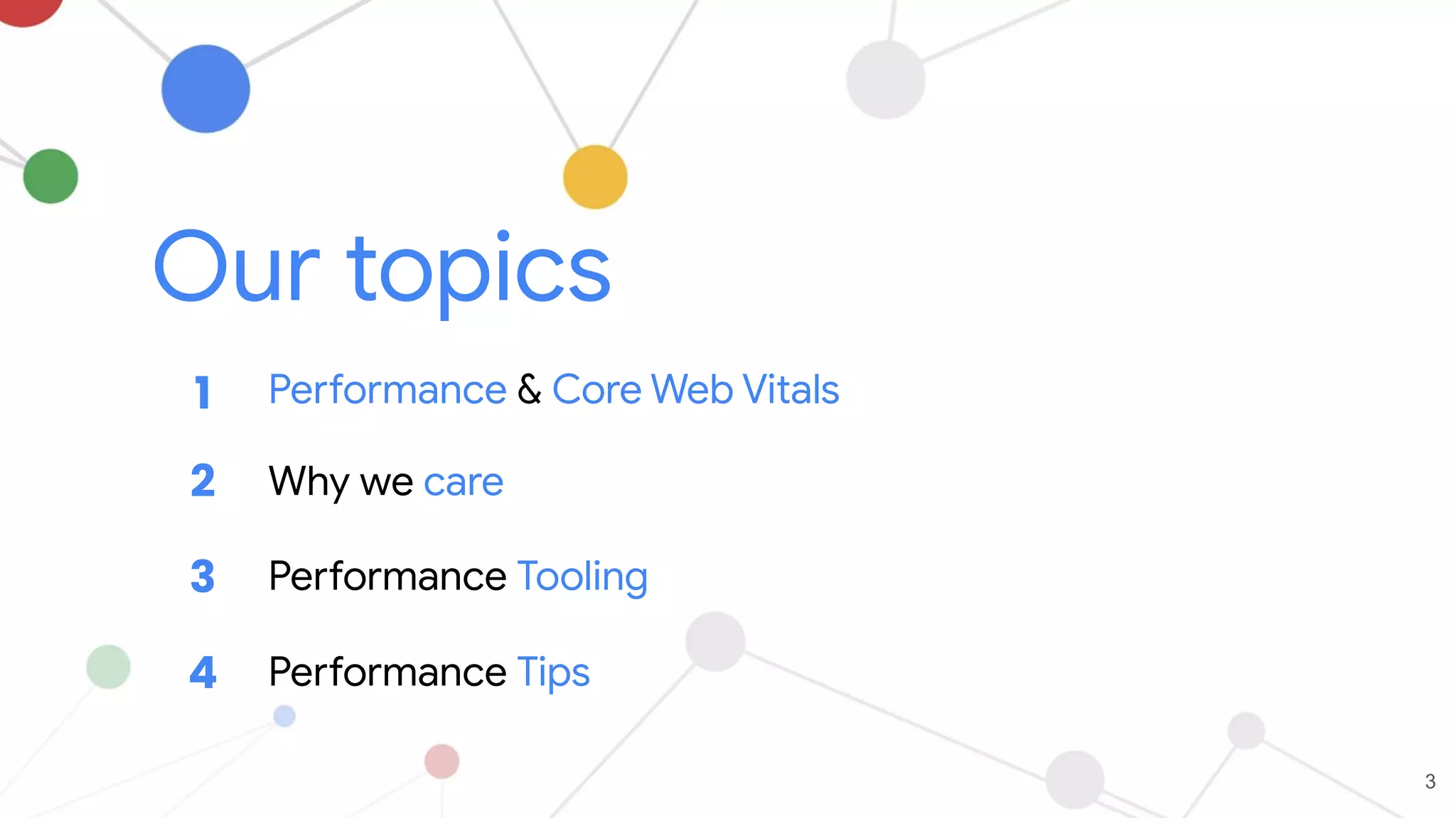 Our topics
Performance & Core Web Vitals
1
2
3 Performance Tooling
Why we care
3
4 Performance Tips
 