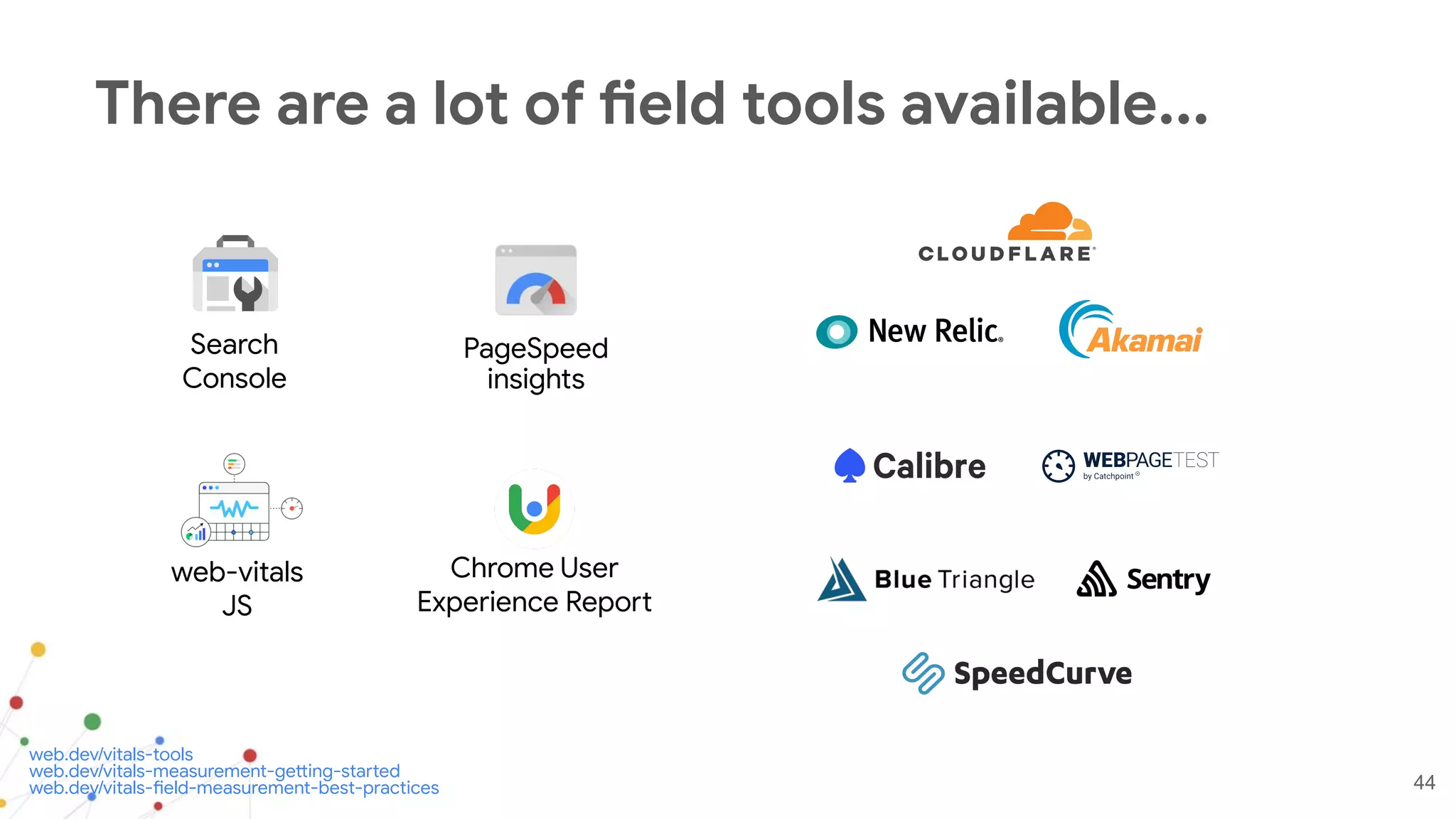 44
There are a lot of field tools available...
web.dev/vitals-tools
web.dev/vitals-measurement-getting-started
web.dev/vitals-field-measurement-best-practices
Search
Console
Chrome User
Experience Report
web-vitals
JS
PageSpeed
insights
 