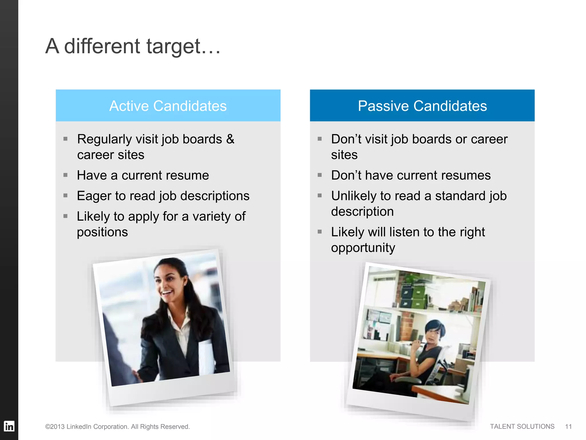 ©2013 LinkedIn Corporation. All Rights Reserved. TALENT SOLUTIONS
A different target…
11
Active Candidates
 Regularly visit job boards &
career sites
 Have a current resume
 Eager to read job descriptions
 Likely to apply for a variety of
positions
 Don’t visit job boards or career
sites
 Don’t have current resumes
 Unlikely to read a standard job
description
 Likely will listen to the right
opportunity
Passive Candidates
 