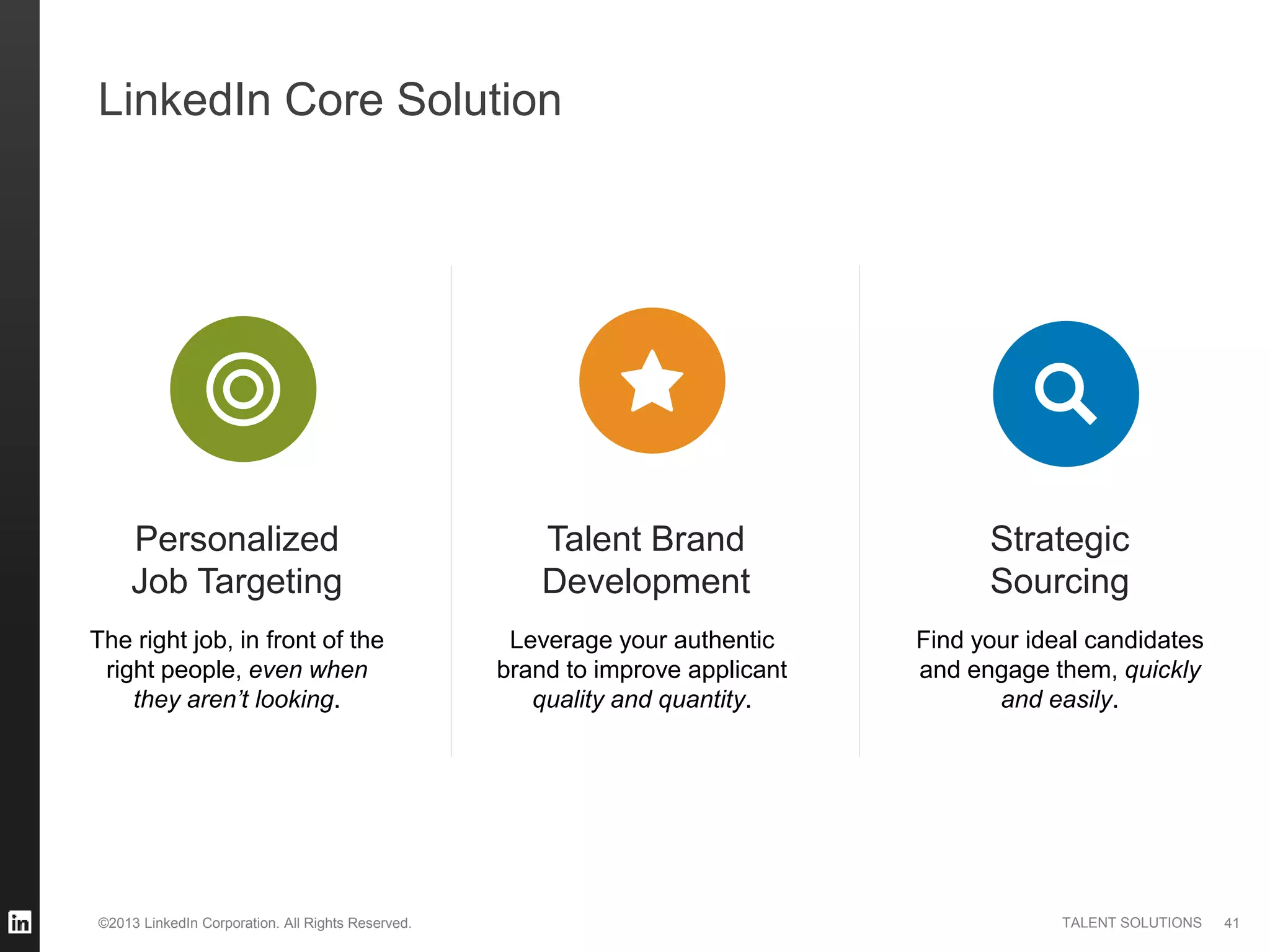 ©2013 LinkedIn Corporation. All Rights Reserved. TALENT SOLUTIONS
LinkedIn Core Solution
Personalized
Job Targeting
The right job, in front of the
right people, even when
they aren’t looking.
Talent Brand
Development
Leverage your authentic
brand to improve applicant
quality and quantity.
Strategic
Sourcing
Find your ideal candidates
and engage them, quickly
and easily.
41
 