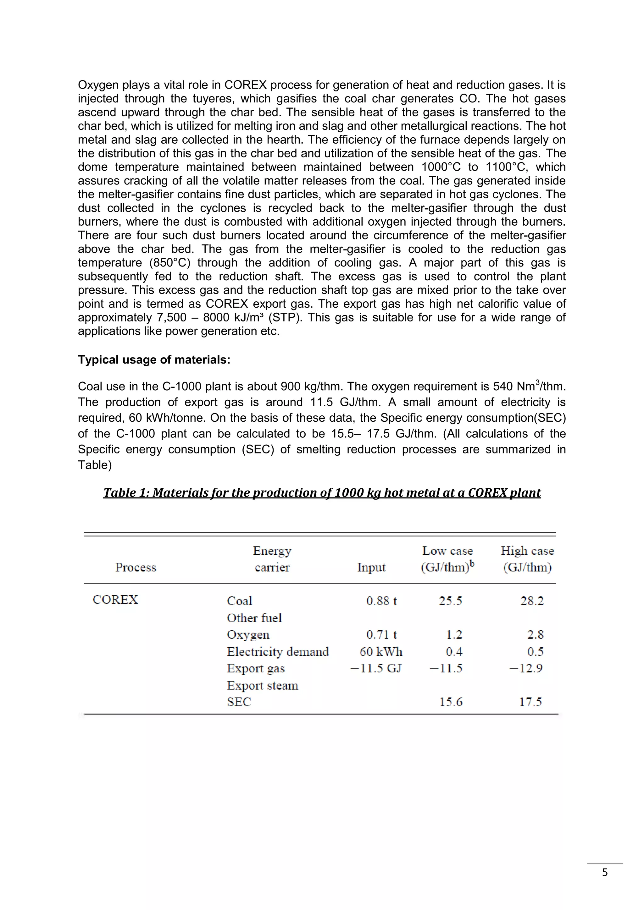 Oxygen plays a vital role in COREX process for generation of heat and reduction gases. It is
injected through the tuyeres, which gasifies the coal char generates CO. The hot gases
ascend upward through the char bed. The sensible heat of the gases is transferred to the
char bed, which is utilized for melting iron and slag and other metallurgical reactions. The hot
metal and slag are collected in the hearth. The efficiency of the furnace depends largely on
the distribution of this gas in the char bed and utilization of the sensible heat of the gas. The
dome temperature maintained between maintained between 1000°C to 1100°C, which
assures cracking of all the volatile matter releases from the coal. The gas generated inside
the melter-gasifier contains fine dust particles, which are separated in hot gas cyclones. The
dust collected in the cyclones is recycled back to the melter-gasifier through the dust
burners, where the dust is combusted with additional oxygen injected through the burners.
There are four such dust burners located around the circumference of the melter-gasifier
above the char bed. The gas from the melter-gasifier is cooled to the reduction gas
temperature (850°C) through the addition of cooling gas. A major part of this gas is
subsequently fed to the reduction shaft. The excess gas is used to control the plant
pressure. This excess gas and the reduction shaft top gas are mixed prior to the take over
point and is termed as COREX export gas. The export gas has high net calorific value of
approximately 7,500 – 8000 kJ/m³ (STP). This gas is suitable for use for a wide range of
applications like power generation etc.

Typical usage of materials:

Coal use in the C-1000 plant is about 900 kg/thm. The oxygen requirement is 540 Nm 3/thm.
The production of export gas is around 11.5 GJ/thm. A small amount of electricity is
required, 60 kWh/tonne. On the basis of these data, the Specific energy consumption(SEC)
of the C-1000 plant can be calculated to be 15.5– 17.5 GJ/thm. (All calculations of the
Specific energy consumption (SEC) of smelting reduction processes are summarized in
Table)

    Table 1: Materials for the production of 1000 kg hot metal at a COREX plant




                                                                                                    5
 