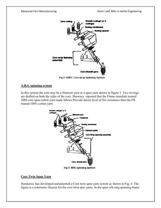 Advanced Yarn Manufacturing Azmir Latif, MSc in textile Engineering
A.R.S. spinning system
In this system the core may be a filament yarn or a spun yarn shown in figure 3. Two rovings
are drafted on both the sides of the core. Shawney reported that the Flame retardant treated
ARS core spun cotton yarn made fabrics Provide desire level of fire resistance then the FR
treated 100% cotton yarn
Core Twin Spun Yarn
Harakawa has developed and patented a Core twin spun yarn system as shown in Fig. 4. The
figure is a schematic illusion for the core twin spin yarns. In the spun silk ring spinning frame
 